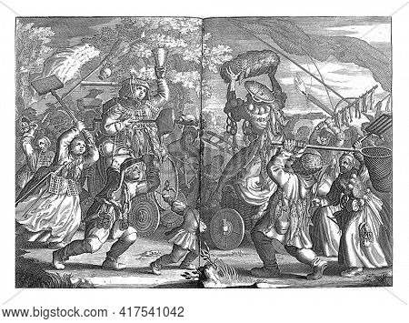 Struggle between the wind trade and the impending poverty, vintage engraving.