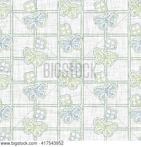 Seamless Linen Butterfly Blockprint Pattern Background. Calm Pale Tonal Pastel Color Wallpaper. Simp