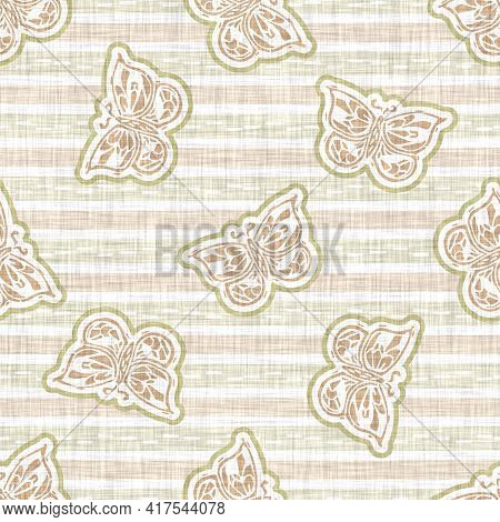 Seamless Linen Butterfly Blockprint Pattern Background. Calm Pale Tonal Pastel Color Wallpaper. Simp