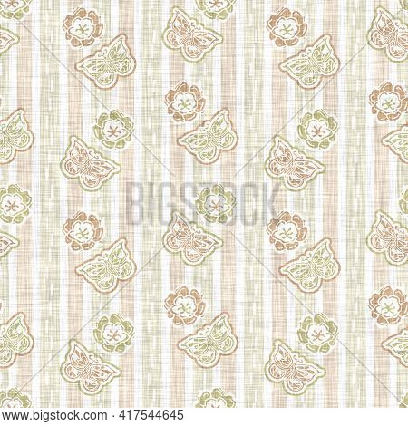 Seamless Linen Butterfly Blockprint Pattern Background. Calm Pale Tonal Pastel Color Wallpaper. Simp