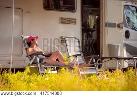 Family vacation travel RV, holiday trip in motorhome, Caravan car Vacation.