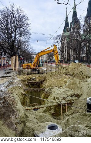 Construction Work On The Construction Of New Roads And Laying Of Tram Rails In Lviv, Ukraine