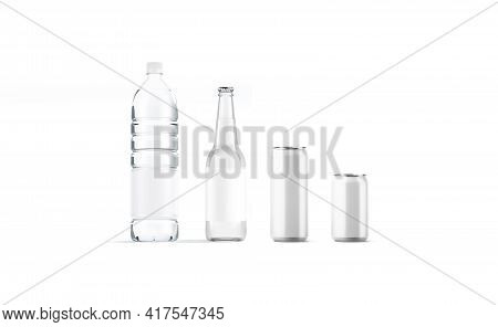 Blank White Bottle And Can Drink Pack Mockup, Isolated, 3d Rendering. Empty Water, Beer And Sode Pac