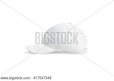 Blank White Baseball Cap Mock Up, Side View, 3d Rendering. Empty Denim Or Flannel Headwear With Viso