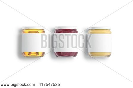 Blank Glass Jar With Honey, Jam And Peanut Butter Mockup Lying, 3d Rendering. Empty Conserve With Sw