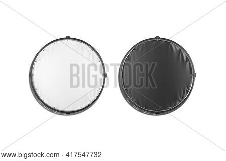 Blank Black And White Round Stretching Banner Mockup Set, Isolated, 3d Rendering. Empty Circular Scr