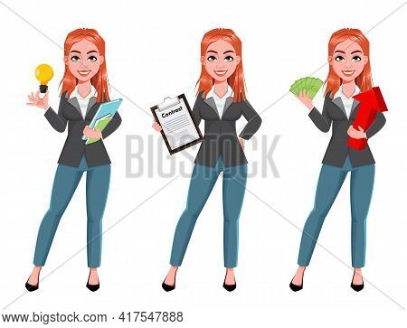 Beautiful Business Woman, Set Of Three Poses. Cheerful Businesswoman Cartoon Character, Pretty Lady.