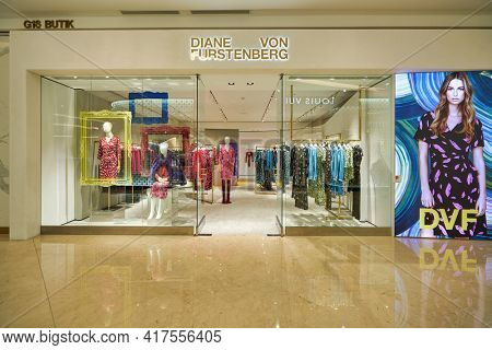 KUALA LUMPUR, MALAYSIA - CIRCA JANUARY, 2020: entrance to Diane von Furstenberg store at Suria KLCC shopping mall in Kuala Lumpur.