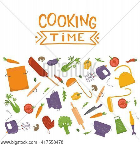 Cooking Time Lettering Sing With Vegetables And Kitchen Tools In Frame. Vector Stock Illustration Is