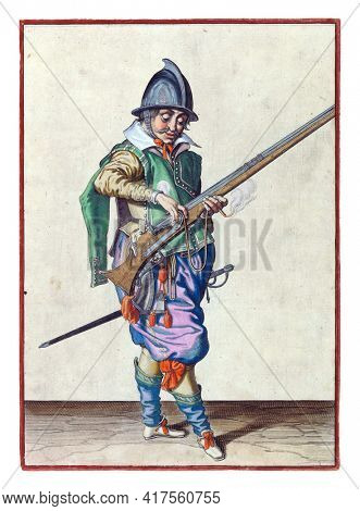 A soldier, full-length, to the right, holding a rudder (a type of firearm) with his left hand. With his right hand he presses a burning fuse on the cock (part of the ignition mechanism) of his rudder