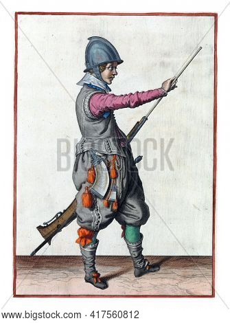 A soldier, full-length, to the right, holding a rudder (a type of firearm) with his left hand by his left thigh and pulling his ramrod out of the barrel with his right hand