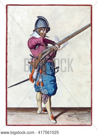 A soldier, full-length, to the right, holding a rudder (a type of firearm) with his left hand. He transfers the burning fuse in his right hand to his left