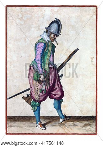 A soldier, full-length, to the right, holding a rudder (a certain type of firearm) with his left hand by his left thigh, the barrel pointing diagonally upwards