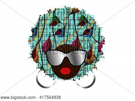 Portrait African Woman In Ethnic Colorful Turban Wear Fashion Sunglasses, Dark Skin Female Face, Tra