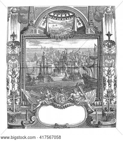 Storming and conquest of Gaeta, 1707, vintage engraving.