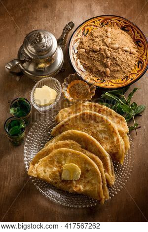 morocco traditional breakfast with sello bread and mint tea