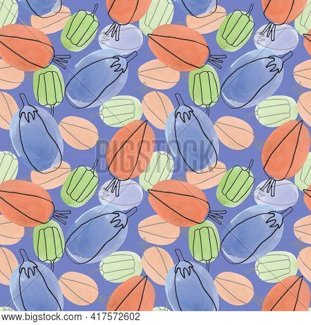 Seamless Pattern With Vegetables In The Style Of Linart On A Blue Background. Sweet Pepper, Carrot A