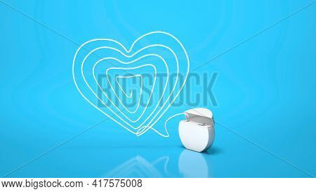 Dental Floss. Flossing Your Teeth. Heart Made Of Dental Floss On A Blue Background. 3d Render