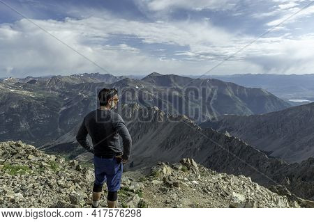 Hiker On The Summit Of Laplata Peak Colorado 14er