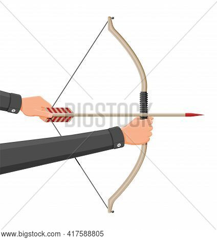 Bow With Arrows For Shooting. Longbow Icon. Cartoon Archery Bow On White Background. Hunters Weapon 