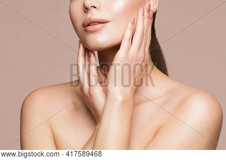 Woman Beauty Treatment, Model Touching Perfect Clear Face Skin, Beautiful Girl Makeup Close Up, Skin