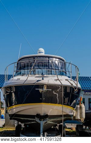 Closeup Of Luxury Yacht On Metal Transport Trailer