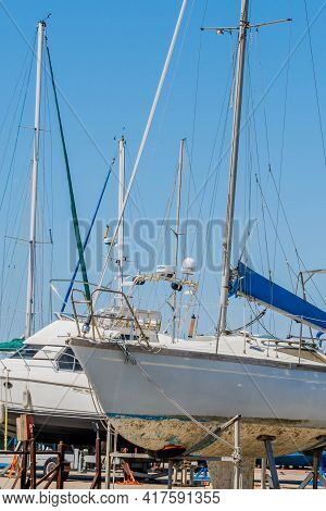 Pyeontaek, South Korea; April 14, 2021: Sailboats In Dry Dock On Boat Racks At Jeongok Marina.