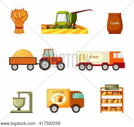 Collection And Transportation Grain And Baking Set. Green Harvester Mowing Wheat And Tractor Trailer