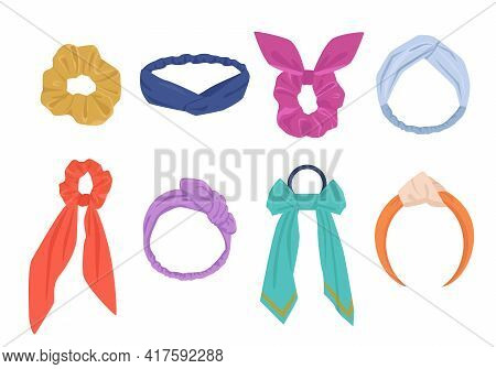 Elegant Hair Ties And Hoops Set. Fashionable Womens Yellow Accessory With Hanging Blue Ribbons Styli