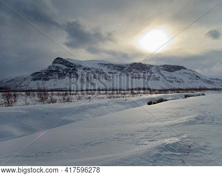 Snowy Winter Landscape Of Sarek National Park In Swedish Lappland