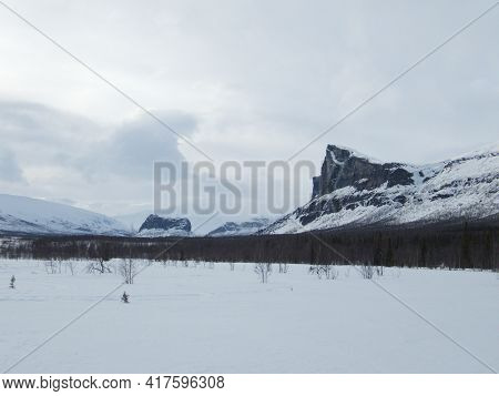 Snowy Winter Landscape Of Sarek National Park In Swedish Lappland