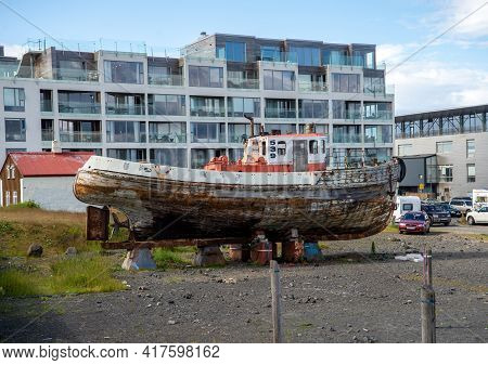 Reyklavik, Iceland - July 28, 2017: An Old Fishing Boat In A Dry Dock For Maintenance And Repair