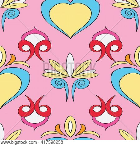 Vector Pink Background Brittany Celtic, Breton Trational Folklore Symbols Seamless Pattern. Seamless