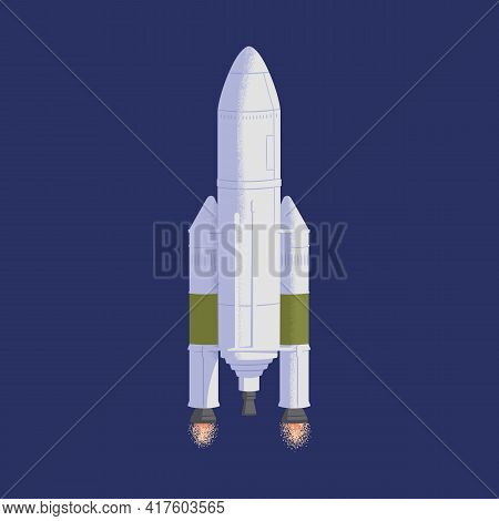 Intergalactic Rocket Launch. Rocketship Flying In Outer Space. Cosmos Flight Of Galactic Shuttle Or 
