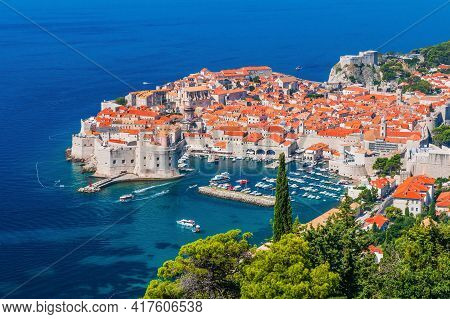 Dubrovnik, Croatia. Panoramic View Of The Walled City.