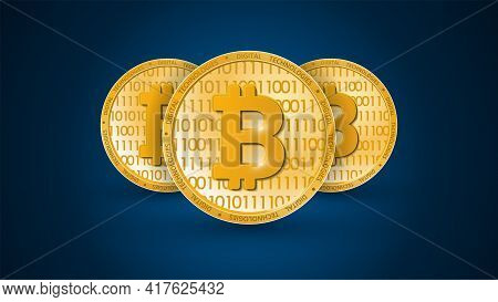 Digital Money Concept. Gold Bitcoin In The Form Of A Coin On A Dark Blue Background. Blockchain Tech