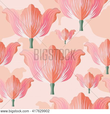 Seamless Pattern With Varietal Pink And Orange Tulip. Pink Silhouettes Of The Same Tulip On The Bott