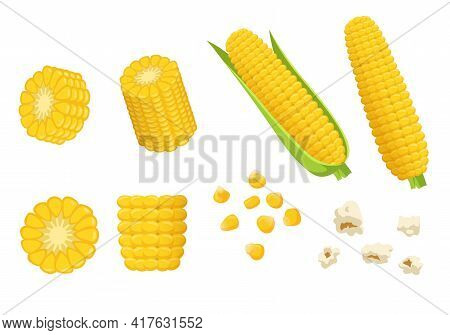 Cartoon Pieces Of Corn Vector Illustrations Set. Cobs And Grains Or Seeds Of Corn, Popcorn, Yellow V