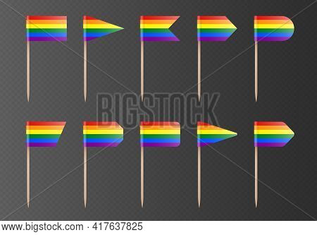 Rainbow Lgbtq Toothpick Flags Isolated On A Transparent Background. Pride Flag On A Wooden Stick.