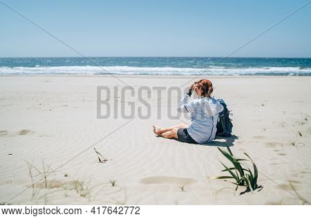 Backpacker Female On The Patara Sand Dunes Beach Enjoying The Windy Mediterranean Sea During Lycian 