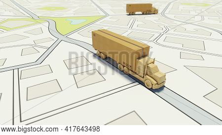 Big Cardboard Box Package On A Wooden Toy Truck Ready To Be Delivered On A Road Map