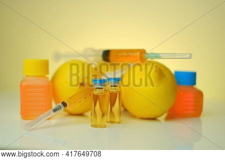 Vitamin C . Solution For Injection. Health And Beauty.organic Cosmetics Concept.syringes, Solution F