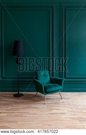 Beautiful Luxury Classic Blue Green Clean Interior Room In Classic Style With Green Soft Armchair. V