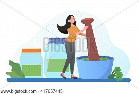 Smiling Female Character Is Grinding Plants And Vegetables In Mortar. Woman Is Making Traditional Me