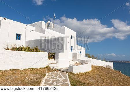 View Of The Monastery Of Saint John Of Deti On Paros Island, Hill Near Monasteri Beach. Greece.