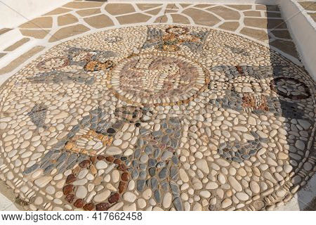 Mosaic On The Floor Next To The Monastery Of Saint John Of Deti On Paros Island, Hill Near Monasteri