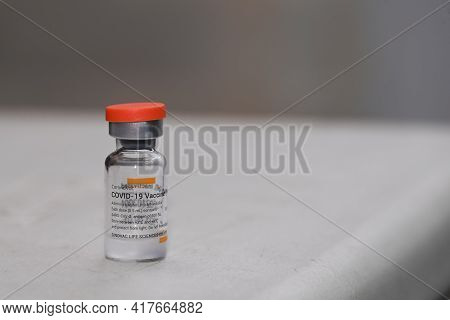 Thailand - April 9 , 2021 Close Up Of Sinovac Vaccine Vials Bottles For Can Help Stop Pandemic , Cov