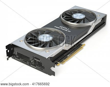 Graphics card. Modern gaming  GPU graphics processing unit isolated on white.  3d illustration