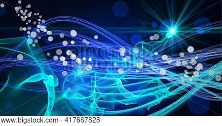 Composition of multiple white spots, glowing light and blue to green electric light trails. global networking and digital interface concept digitally generated image.