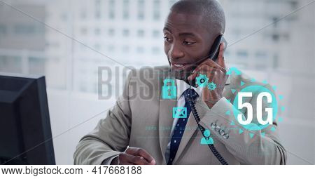 Composition of 5g text over digital icons and businessman talking on smartphone. global networking, communication and digital interface concept digitally generated image.